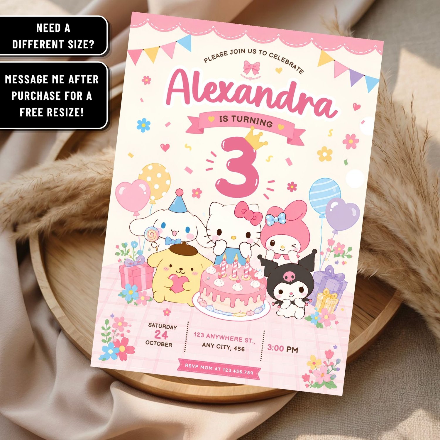 Close-up of Hello Kitty and Friends birthday invitation featuring colorful Sanrio characters and editable party details.