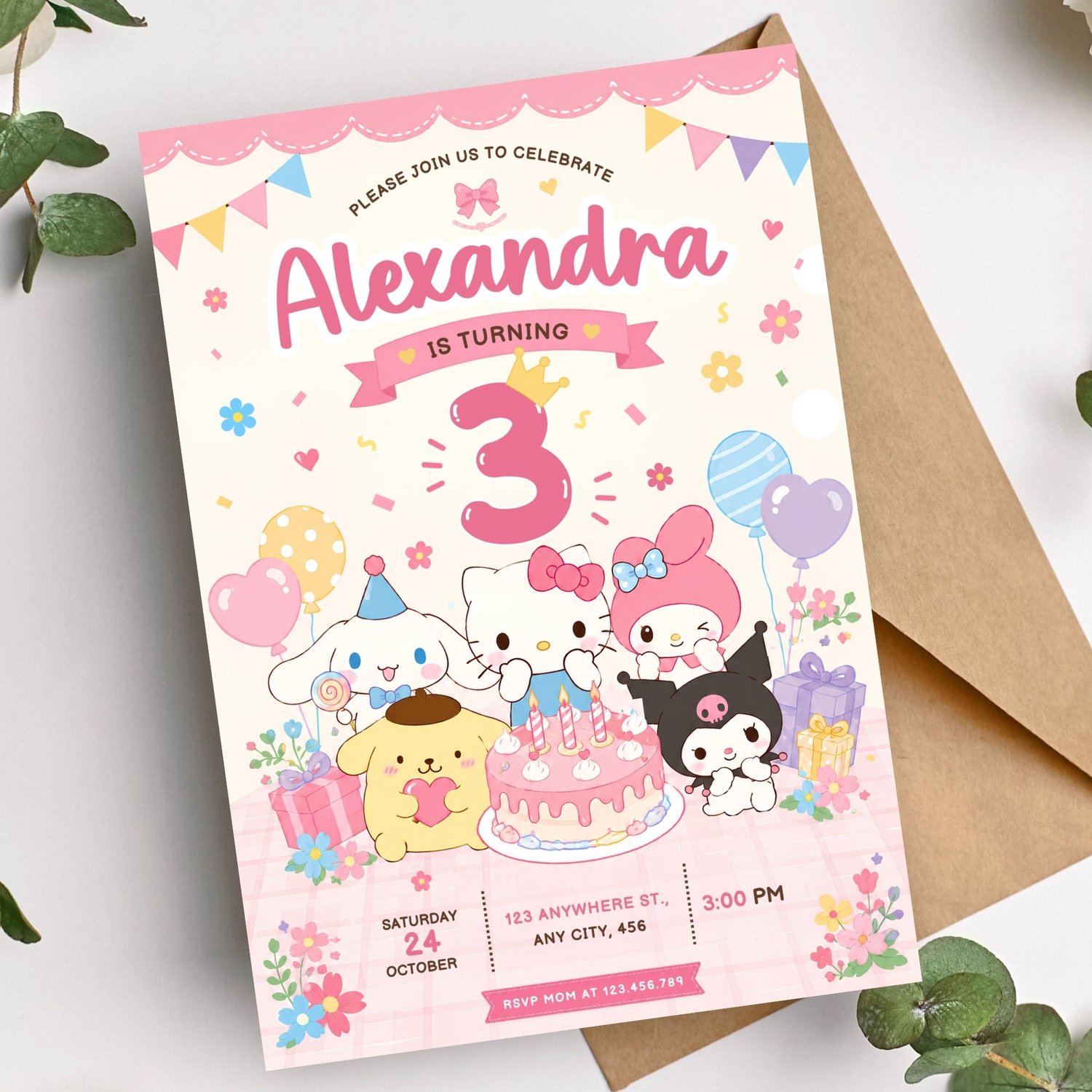 Digital Hello Kitty party invitation template with instant download for easy editing and home printing.