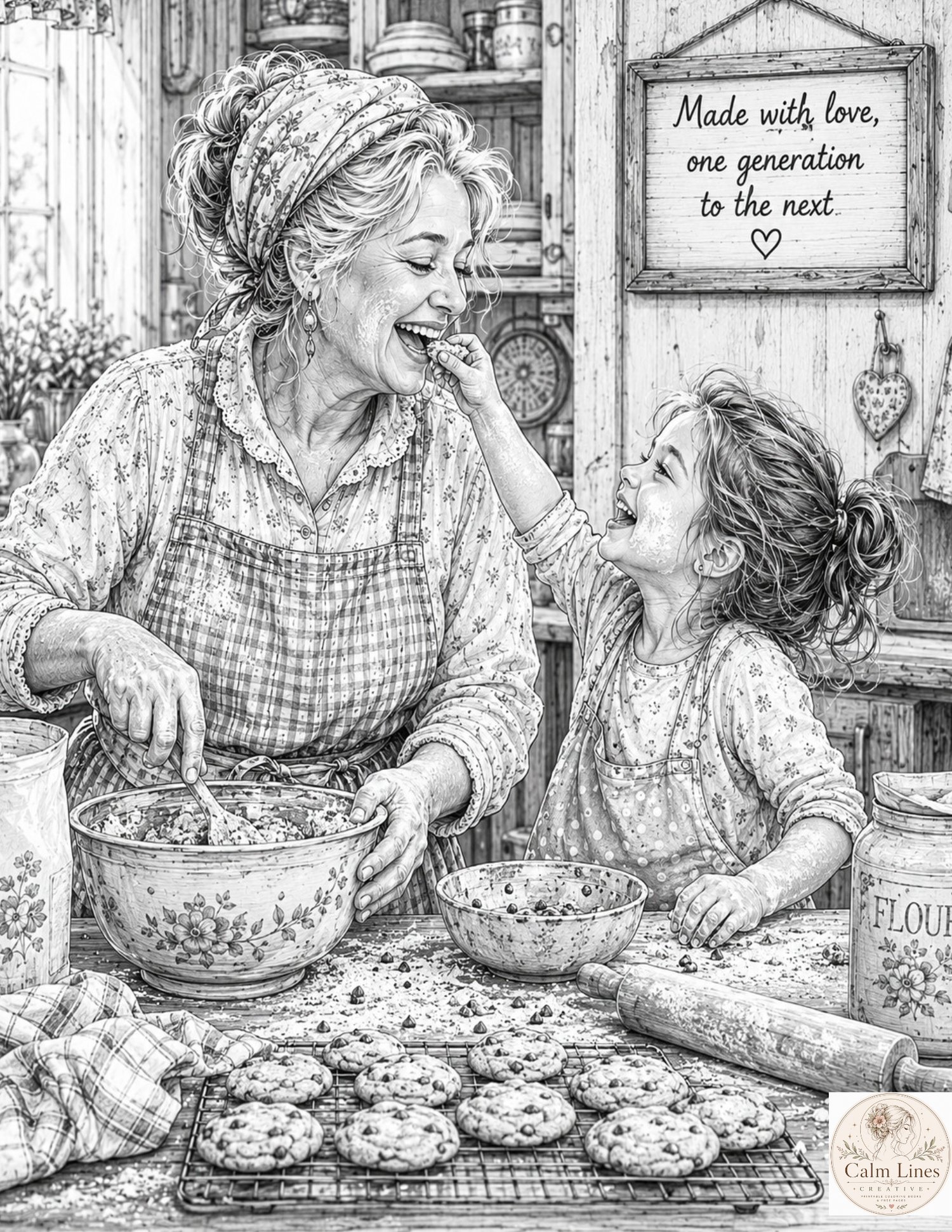 Grayscale coloring page of a grandmother and granddaughter baking together in a cozy kitchen. Detailed printable adult coloring book illustration celebrating family, love and everyday moments.