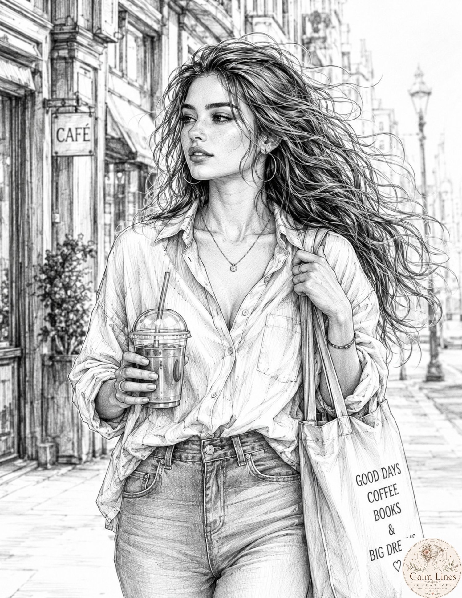 Detailed grayscale coloring page of a young woman walking through a charming city street with coffee. Printable adult coloring book illustration inspired by cozy lifestyle and everyday moments.