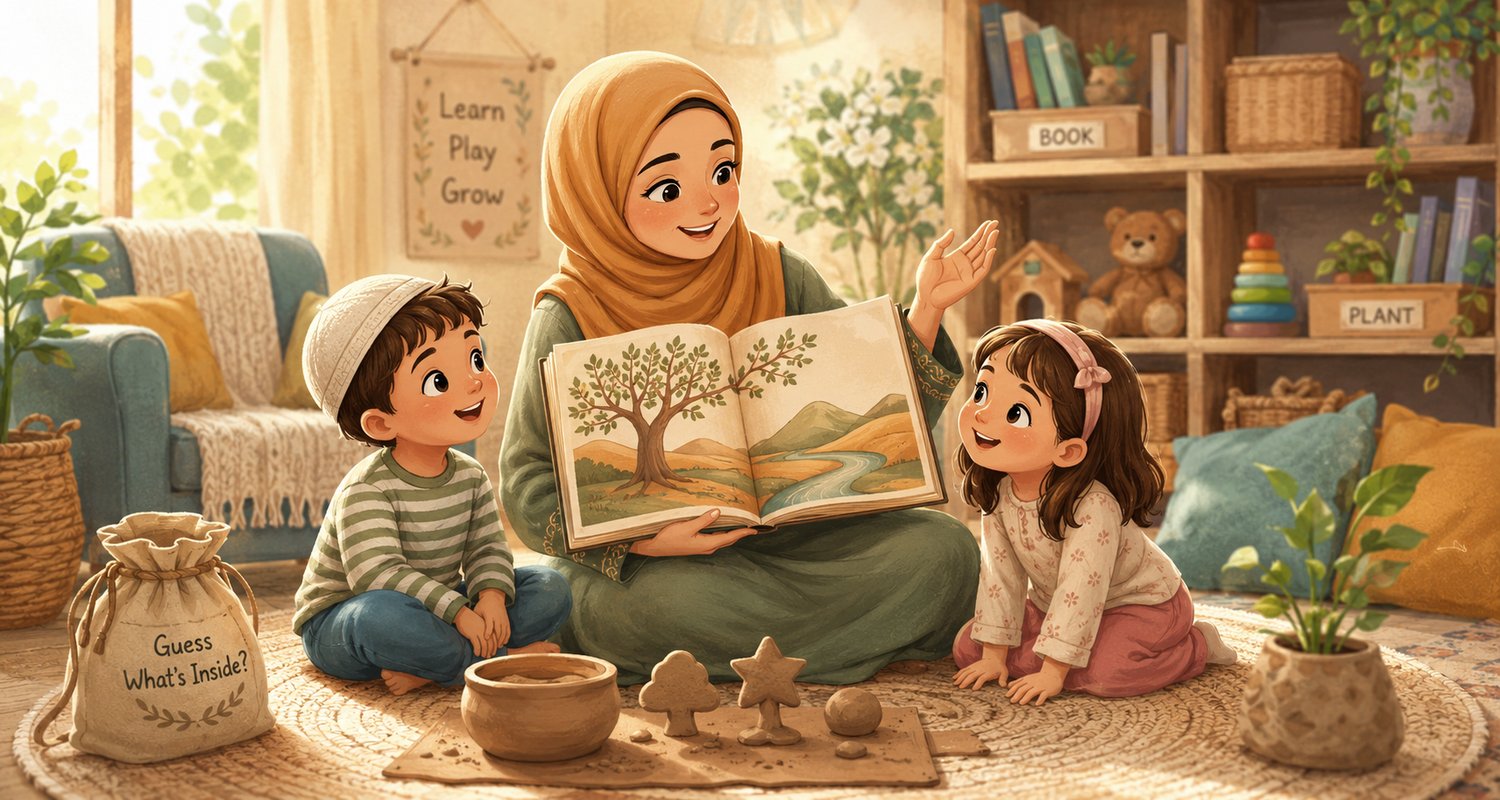 A Muslim mother in a yellow hijab reading an illustrated nature storybook to a young boy and girl sitting on a cozy rug. They are surrounded by interactive Islamic learning activities, including sensory clay shapes and a 'Guess What's Inside' game bag, re