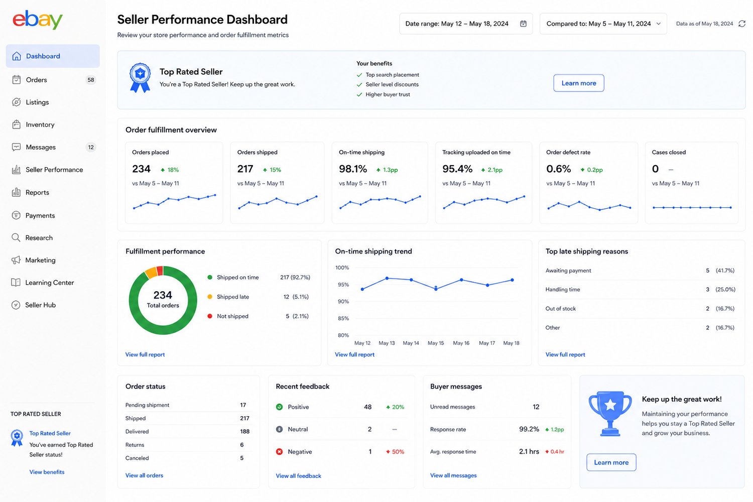 Top Rated eBay seller reviewing order fulfillment performance dashboard