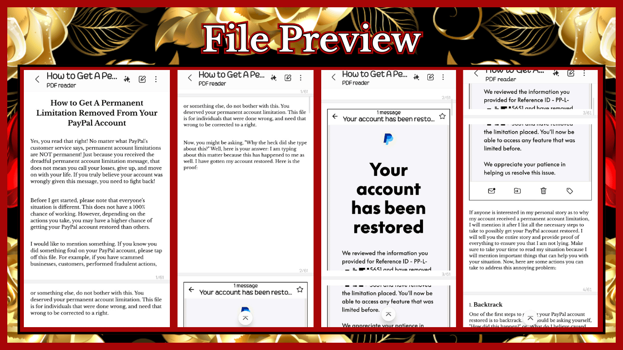 A thumbnail containing four pages from the file, "How To Get A Permanent Limitation Removed From Your PayPal Account."