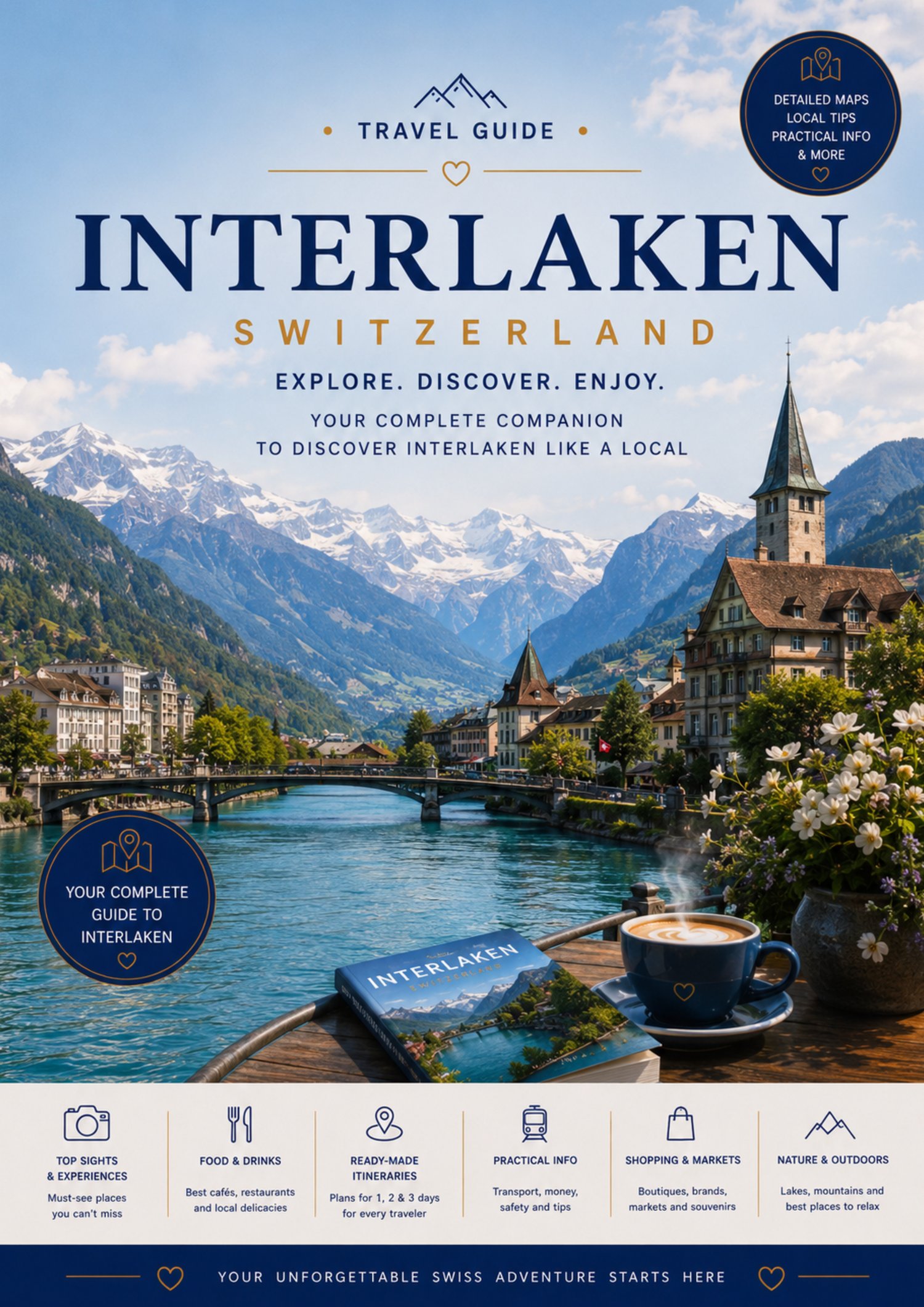 PDF travel guide cover for Interlaken, Switzerland featuring the Swiss Alps, Lake Thun, Lake Brienz and the city’s top attractions