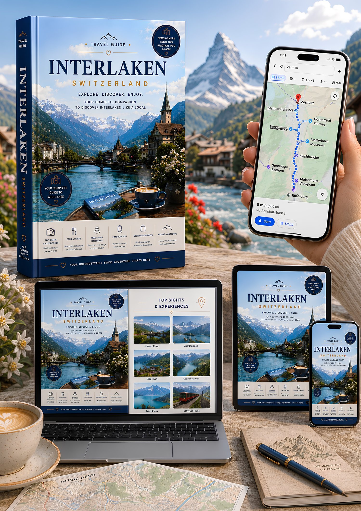Interactive Interlaken travel guide with Google Maps on a smartphone