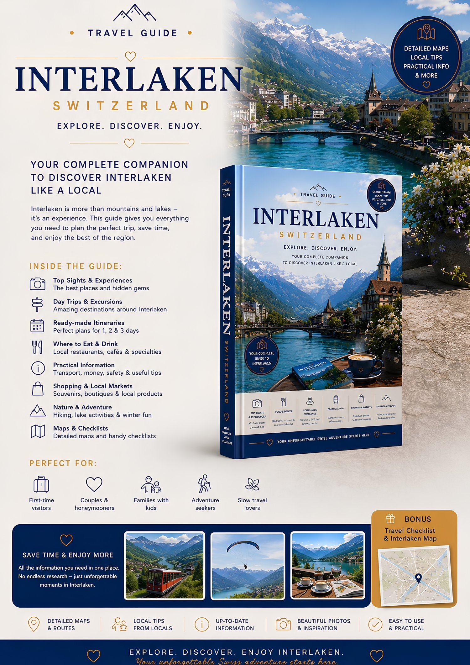 Interlaken travel guide displayed on laptop, tablet, smartphone and PDF book