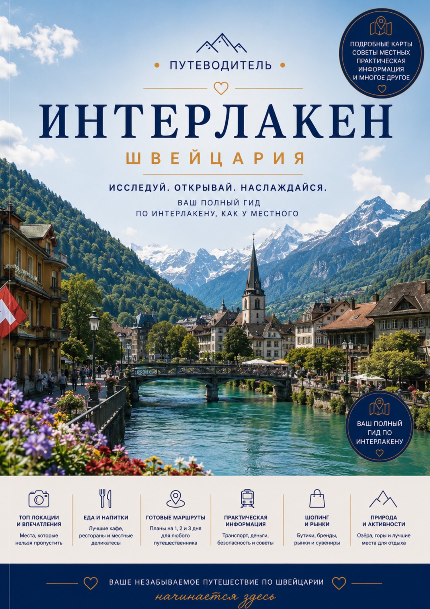 Обложка PDF-путеводителя по Интерлакену с видами на Альпы, озёра Тун и Бриенц и главными достопримечательностями