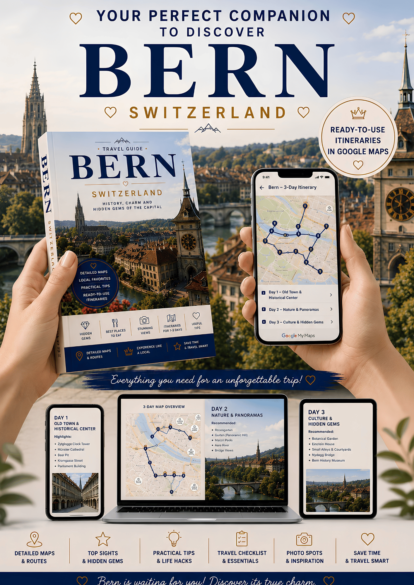 Interactive Bern travel guide with Google Maps on a smartphone