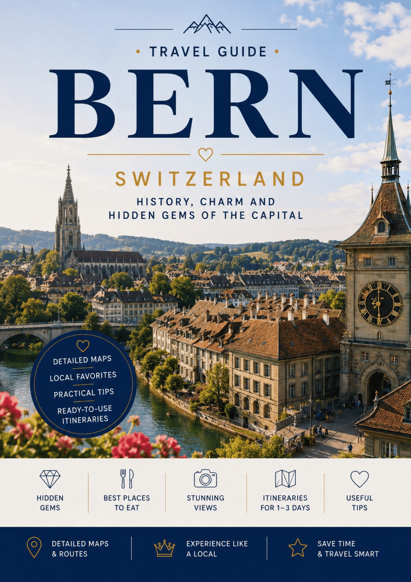 PDF travel guide cover for Bern, Switzerland featuring the UNESCO Old Town, Zytglogge Clock Tower, the Aare River and the city’s top attractions
