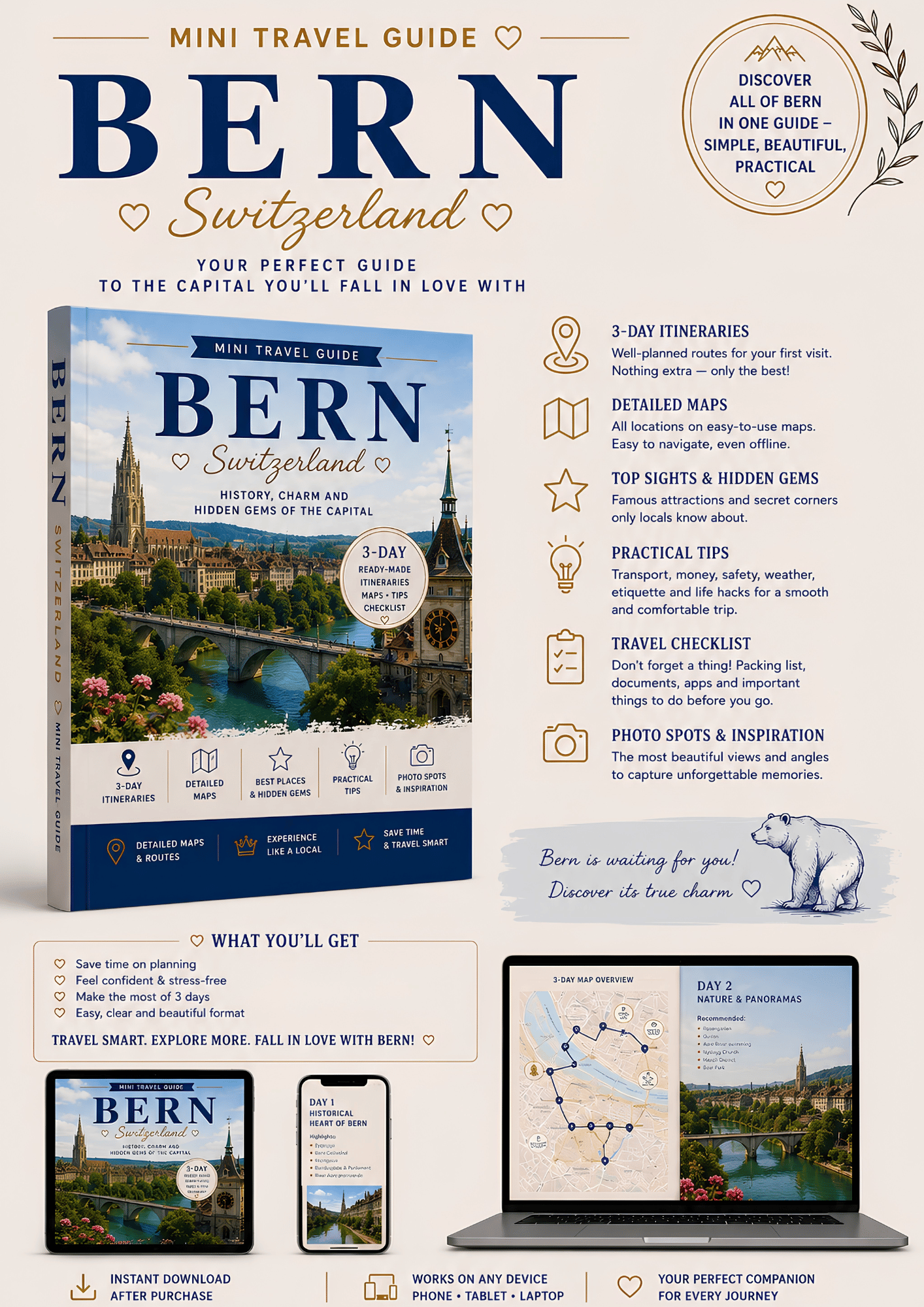 Bern travel guide displayed on laptop, tablet, smartphone and PDF book
