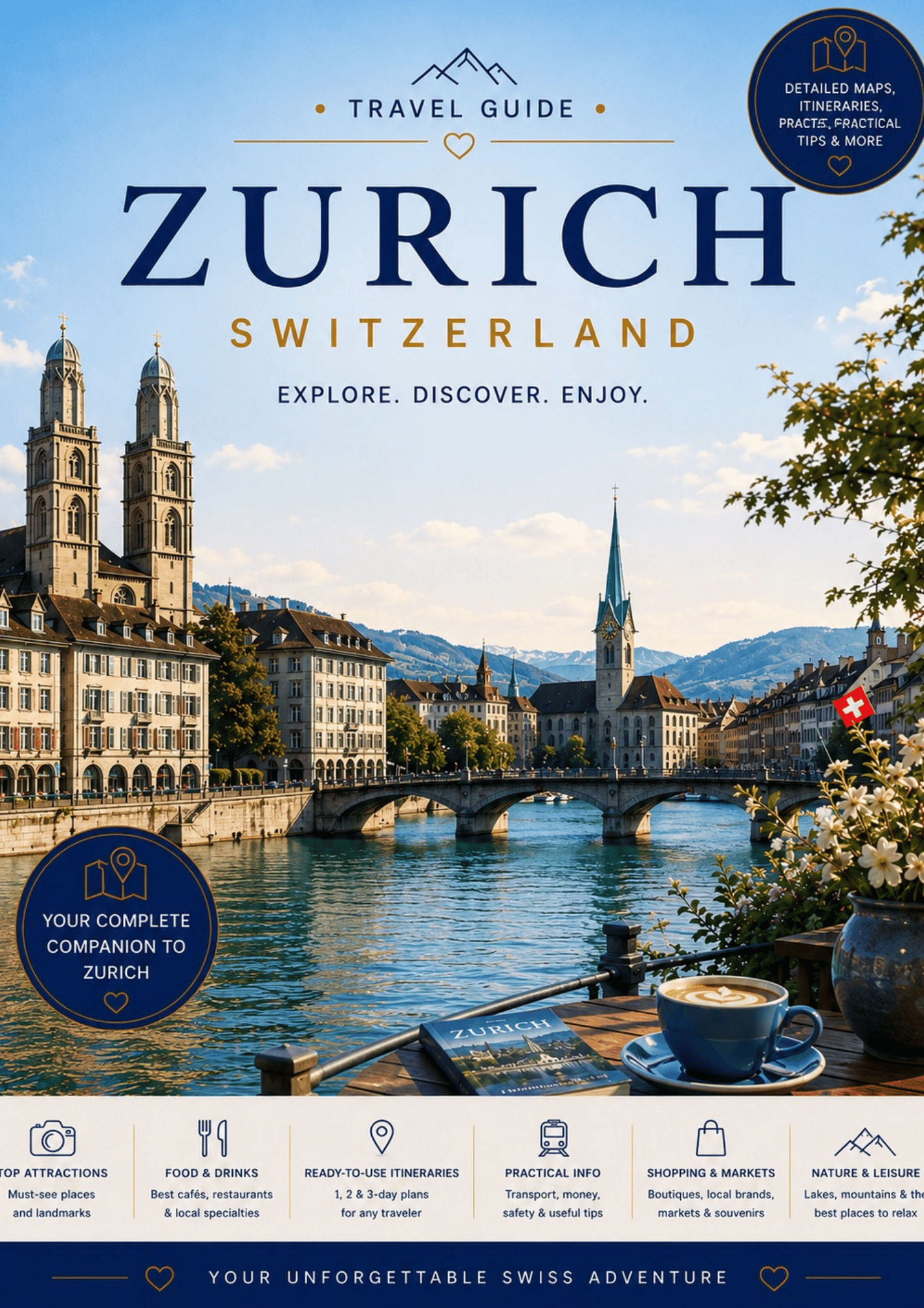 PDF travel guide cover for Zurich, Switzerland featuring the historic Old Town, Lake Zurich and the city’s top attractions