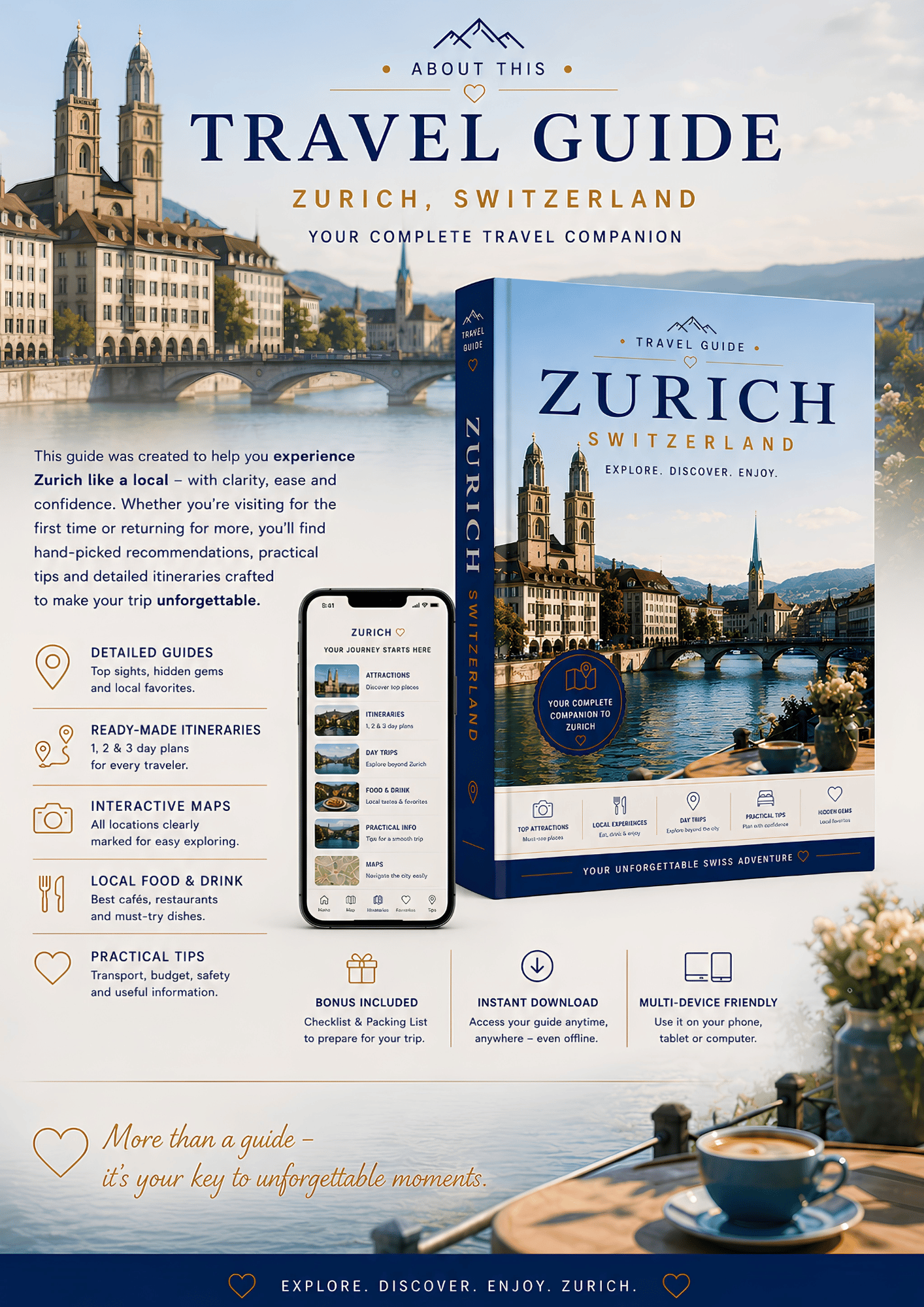 Zurich travel guide displayed on laptop, tablet, smartphone and PDF book