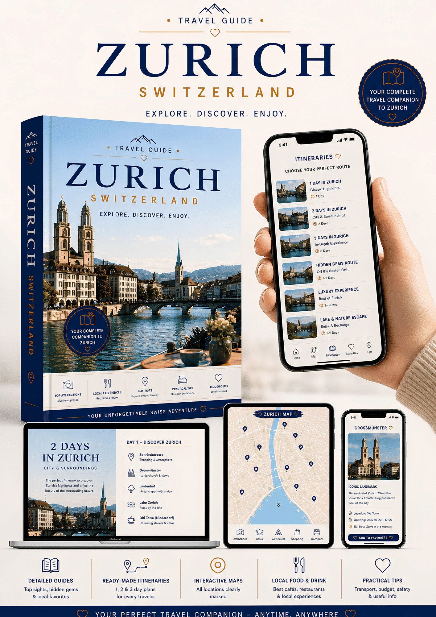 Interactive Zurich travel guide with Google Maps on a smartphone