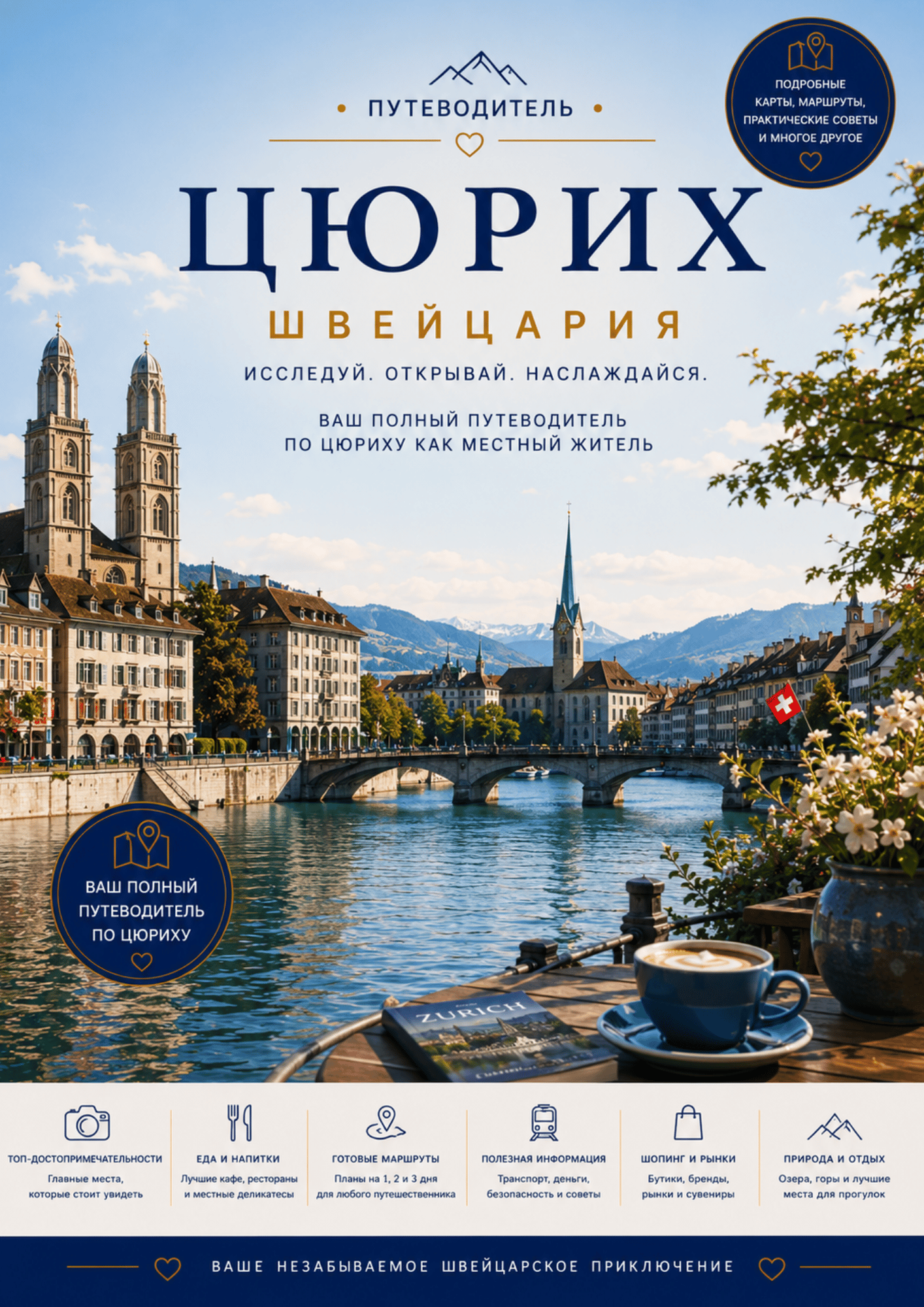 Обложка PDF-путеводителя по Цюриху со Старым городом, Цюрихским озером и главными достопримечательностями