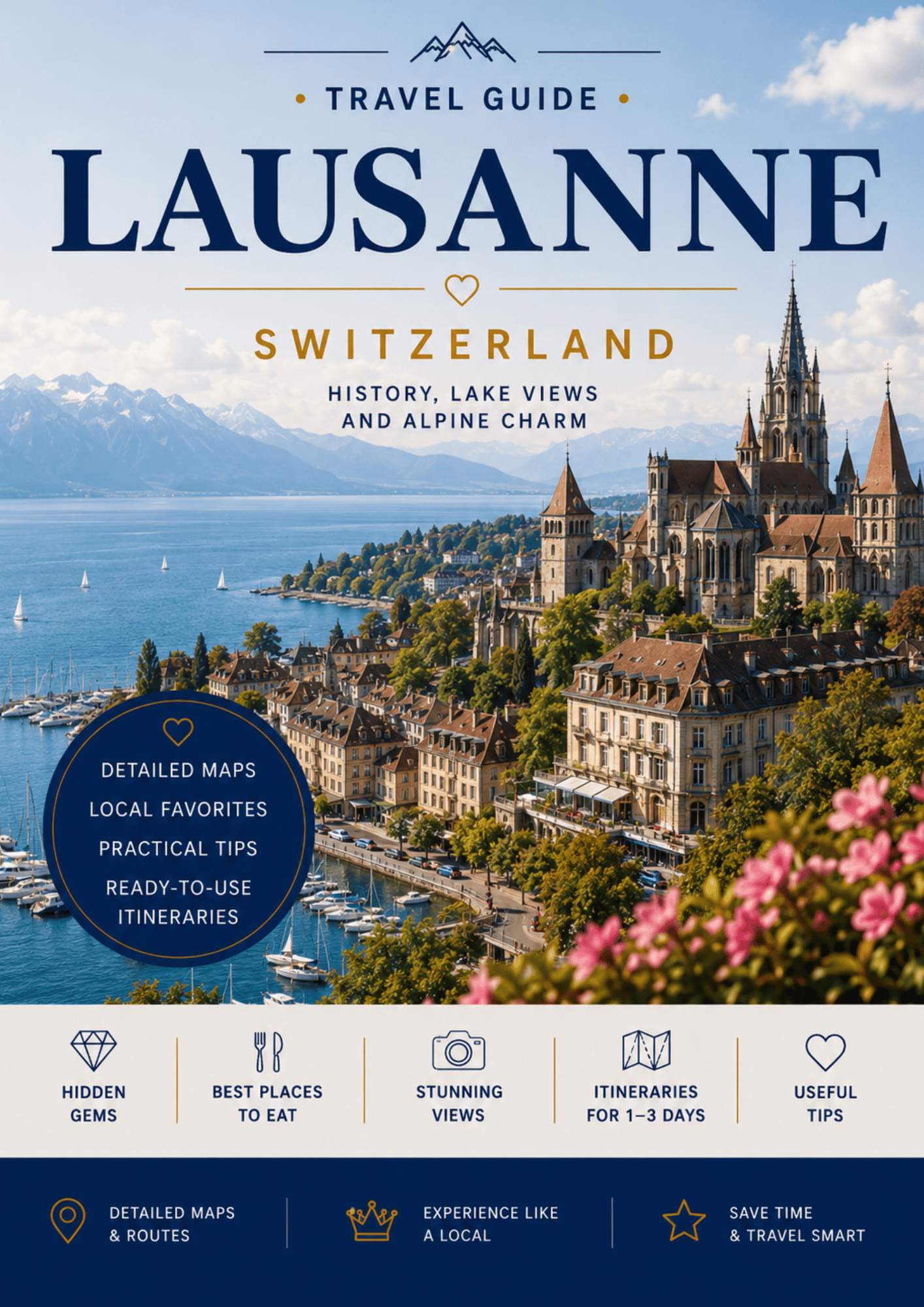 PDF travel guide cover for Lausanne, Switzerland featuring the Olympic Museum, Lake Geneva waterfront and the city’s top attractions