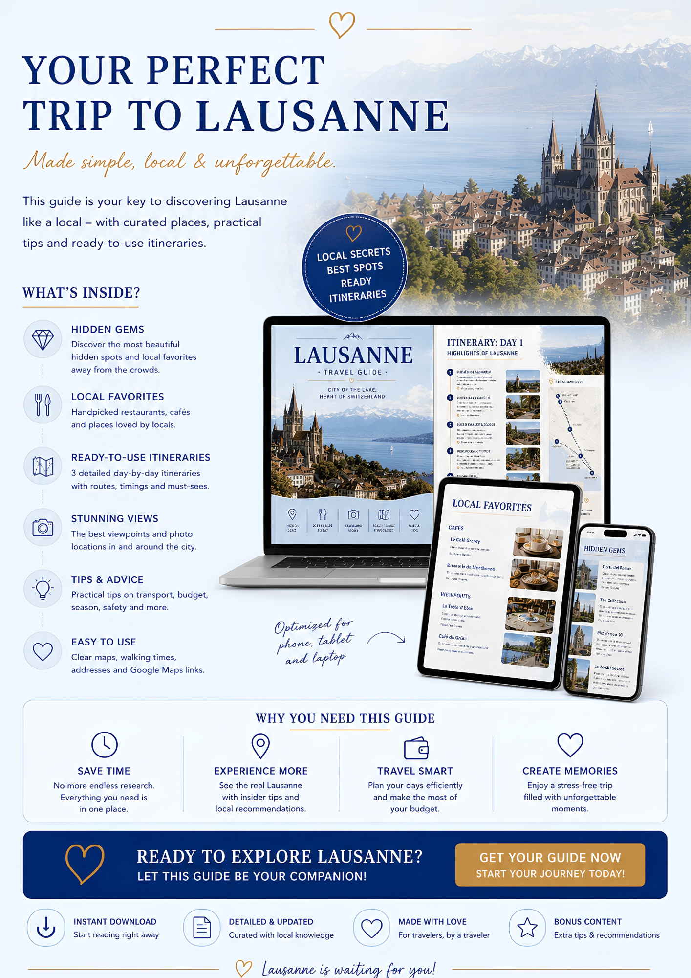 Lausanne travel guide displayed on laptop, tablet, smartphone and PDF book