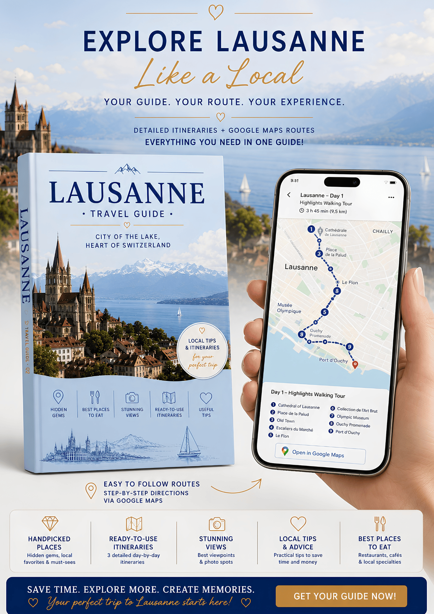 Interactive Lausanne travel guide with Google Maps on a smartphone