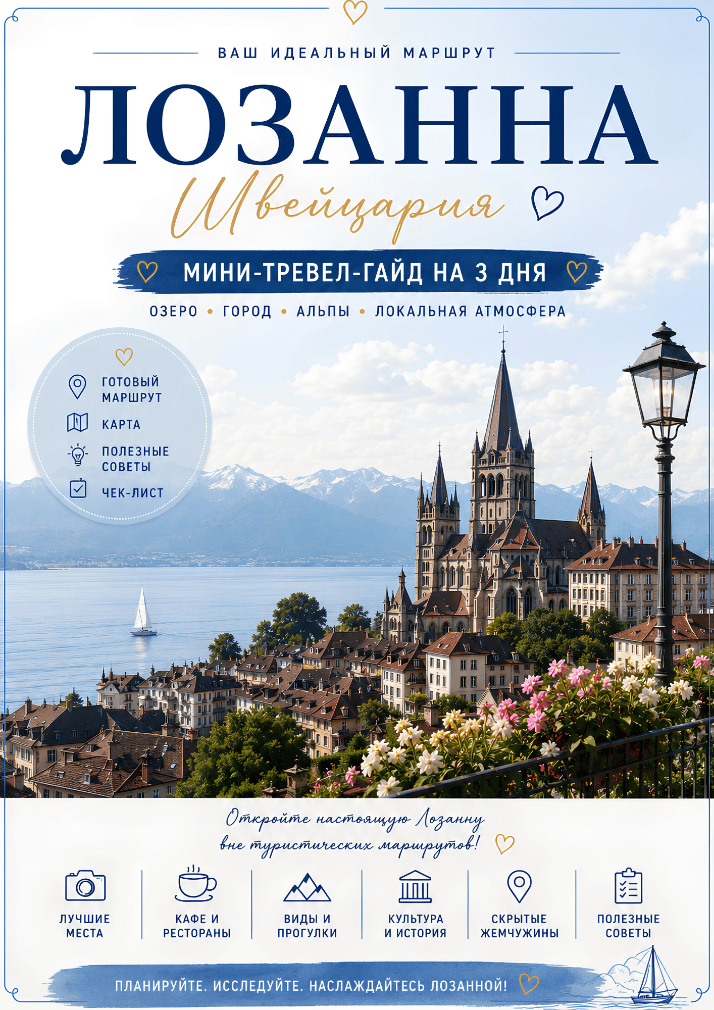 Обложка PDF-путеводителя по Лозанне с Олимпийским музеем, Женевским озером и главными достопримечательностями