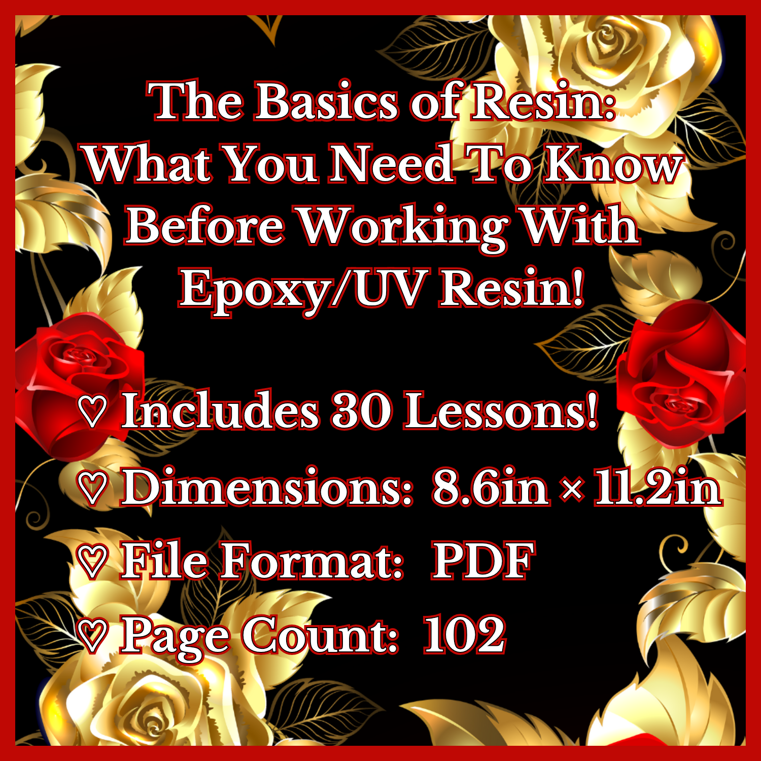 Specifications are listed for "The Basics of Resin" learning guide.
