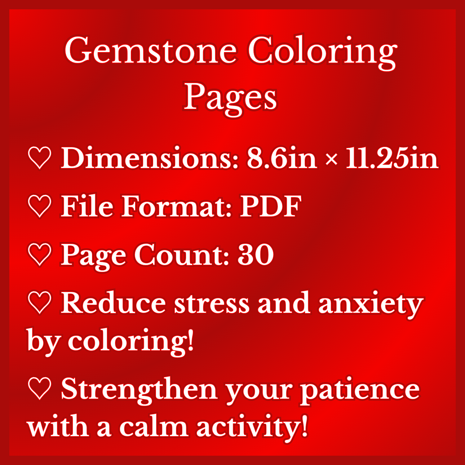 A image containing both a red border and background that lists specifications from the Gemstone Coloring Pages.