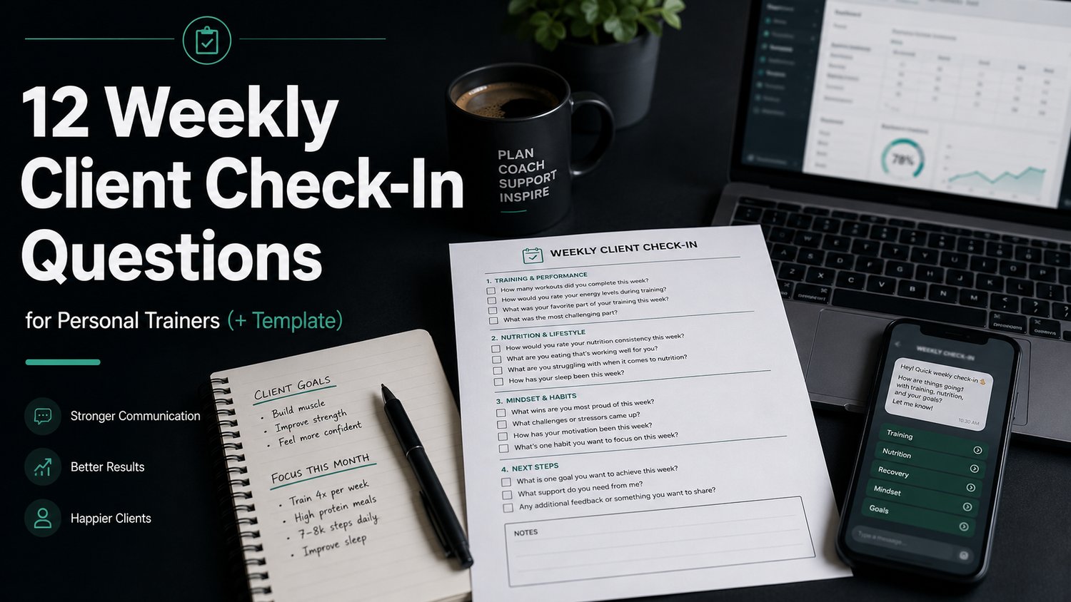 Blog hero image showing a weekly client check-in template for personal trainers on a dark desk, with a notebook, pen, coffee cup, smartphone check-in screen and laptop dashboard. Text reads: “12 Weekly Client Check-In Questions for Personal Trainers (+ Te
