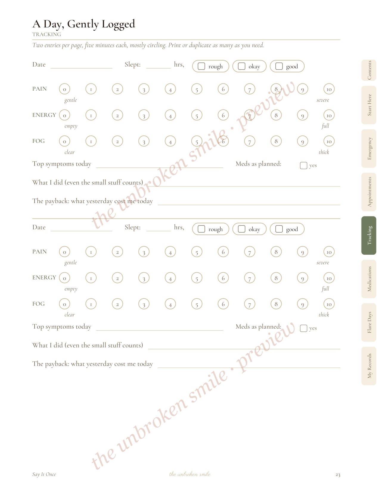 Sample interior page from Say It Once chronic illness medical binder.