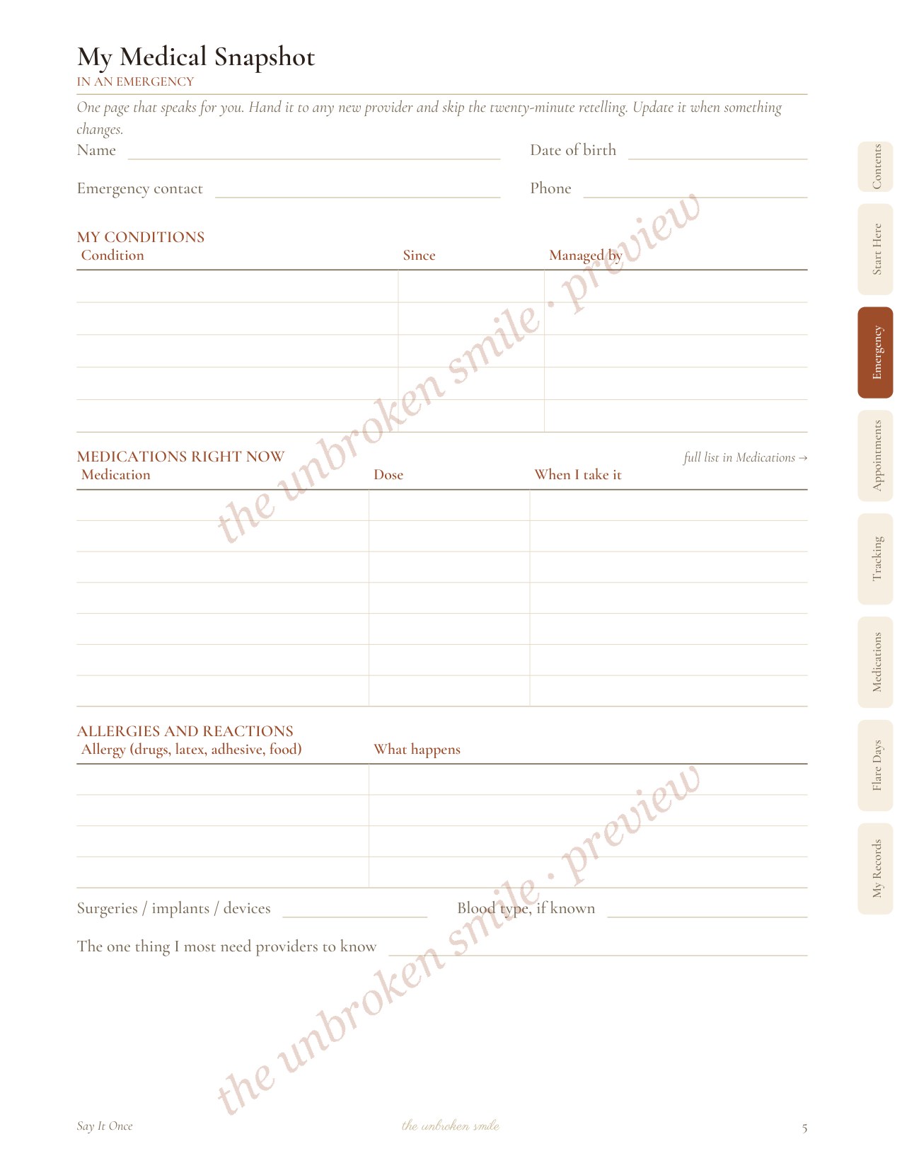 Sample page showing the interior design of Say It Once chronic illness medical binder.