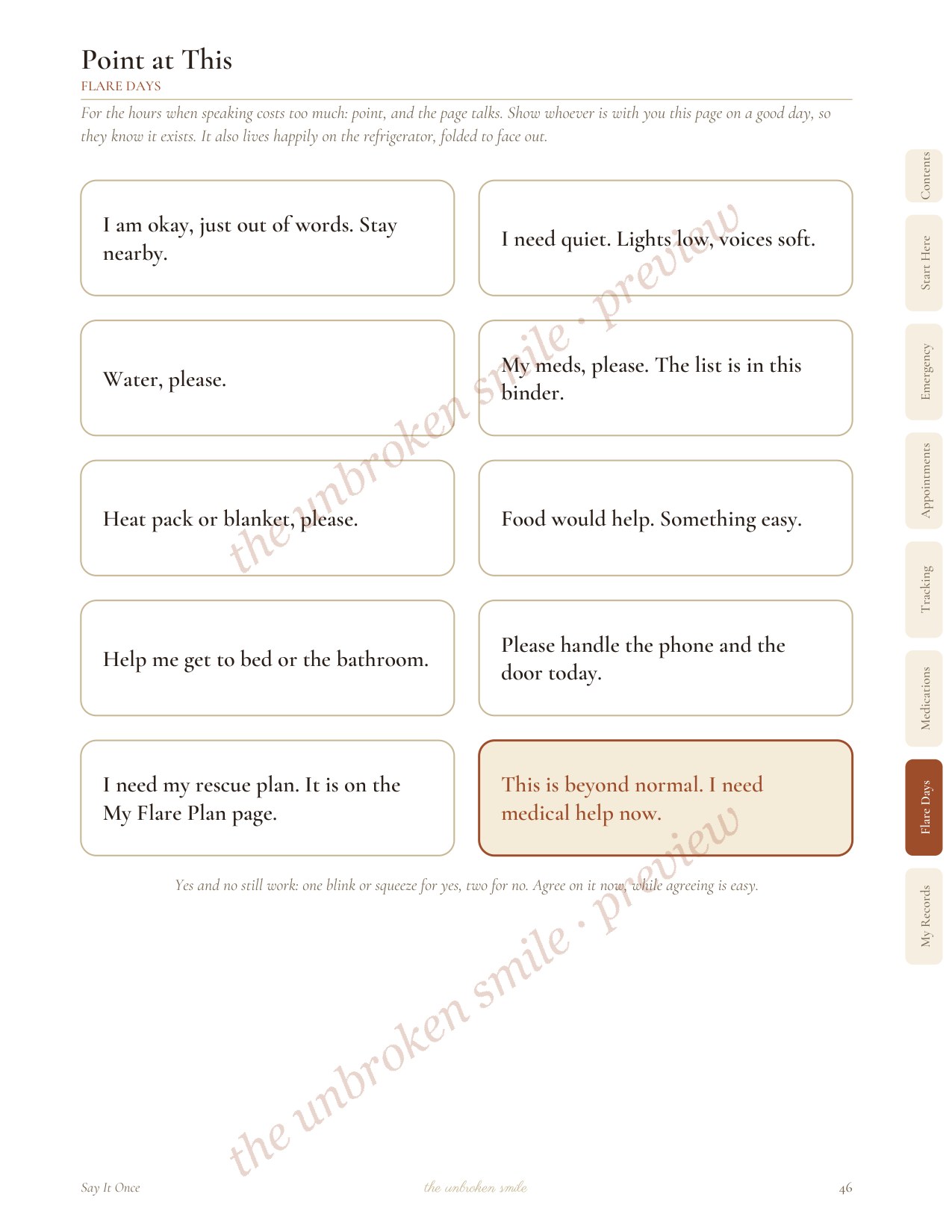 Preview showing features included in Say It Once chronic illness medical binder.