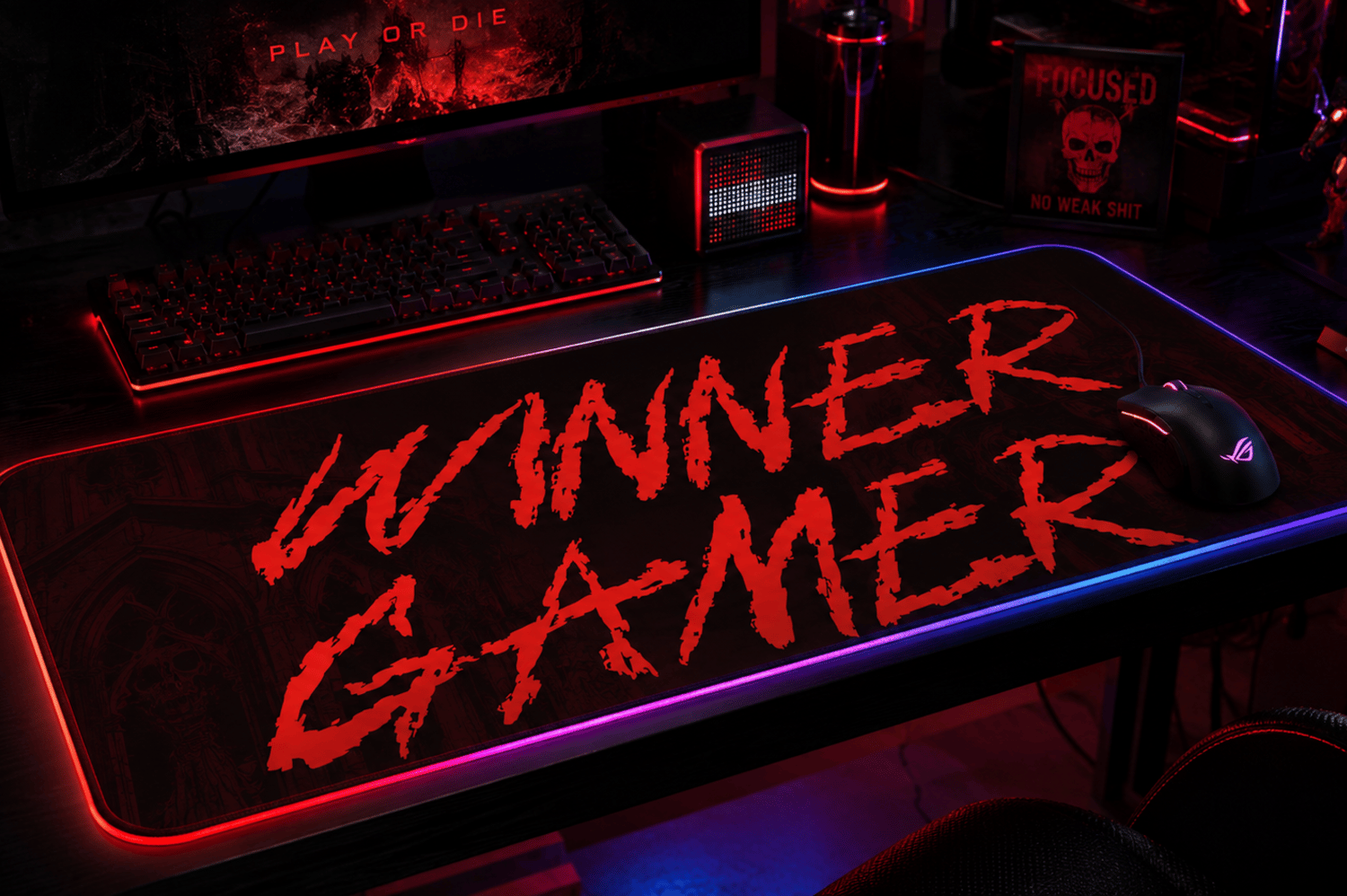 Gaming Desk Setup with RGB Mousepad Displaying Winner Gamer Custom Text in Horror Font Style