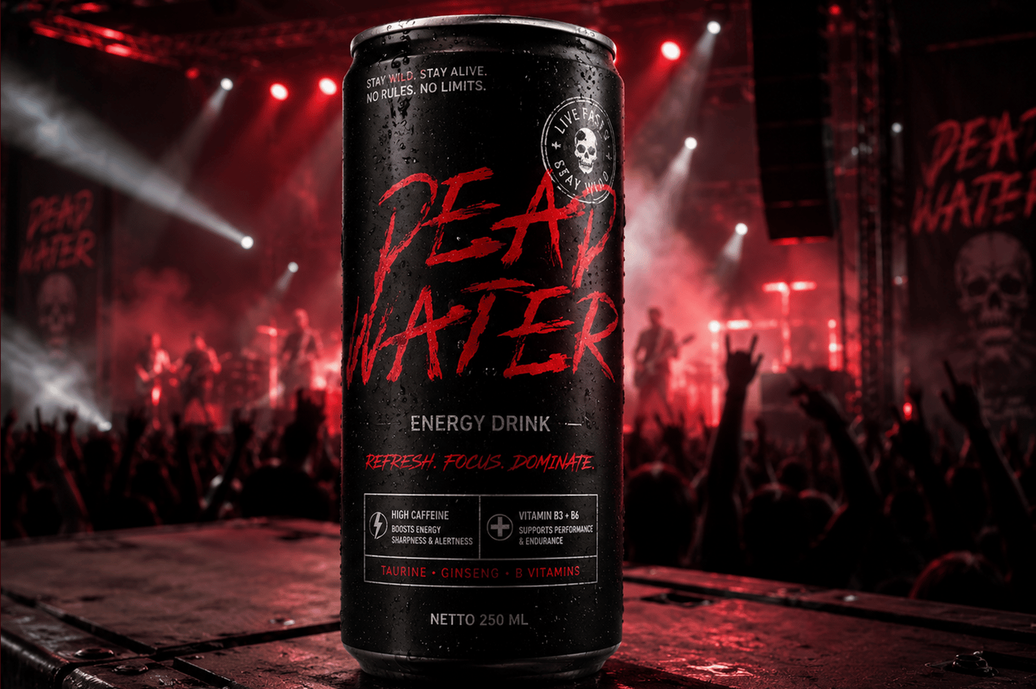 Dead Water Energy Drink Can Mockup with Red Grunge Horror Typography