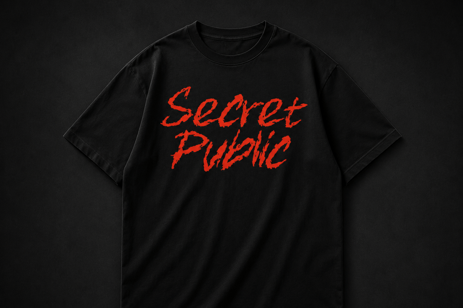 Black T-shirt Mockup Featuring Custom Secret Public Text Design Using Ghoul Horror Font