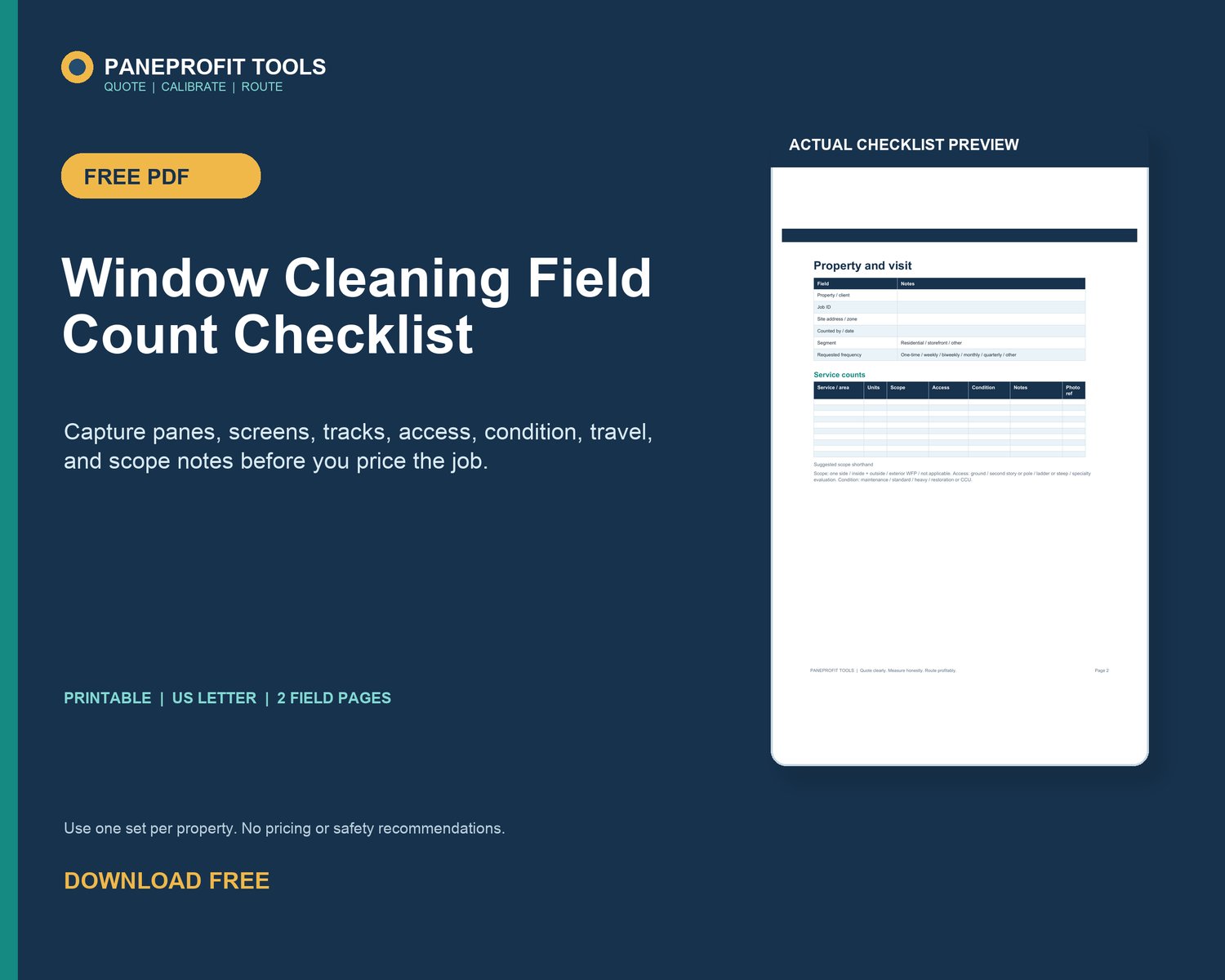 Printable PaneProfit field count checklist for a repeatable window cleaning walkthrough and quote workflow