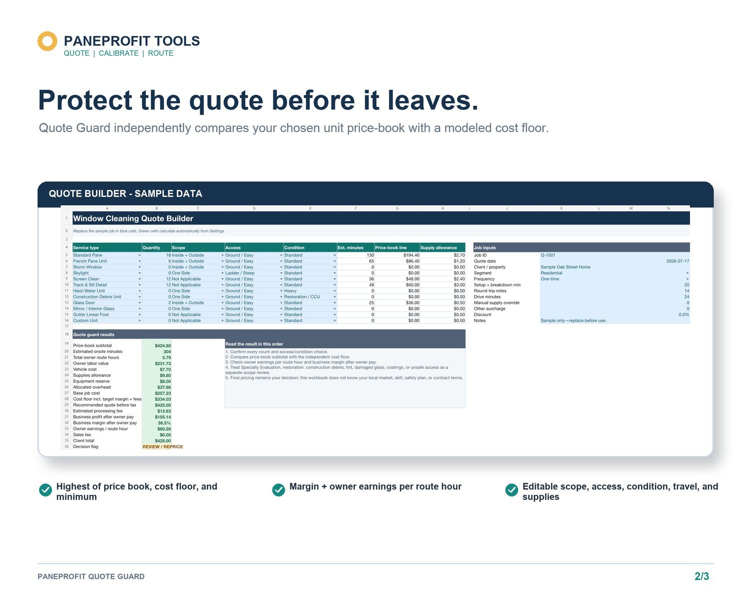 PaneProfit Quote Guard workbook preview comparing a window cleaning price book with a modeled cost floor