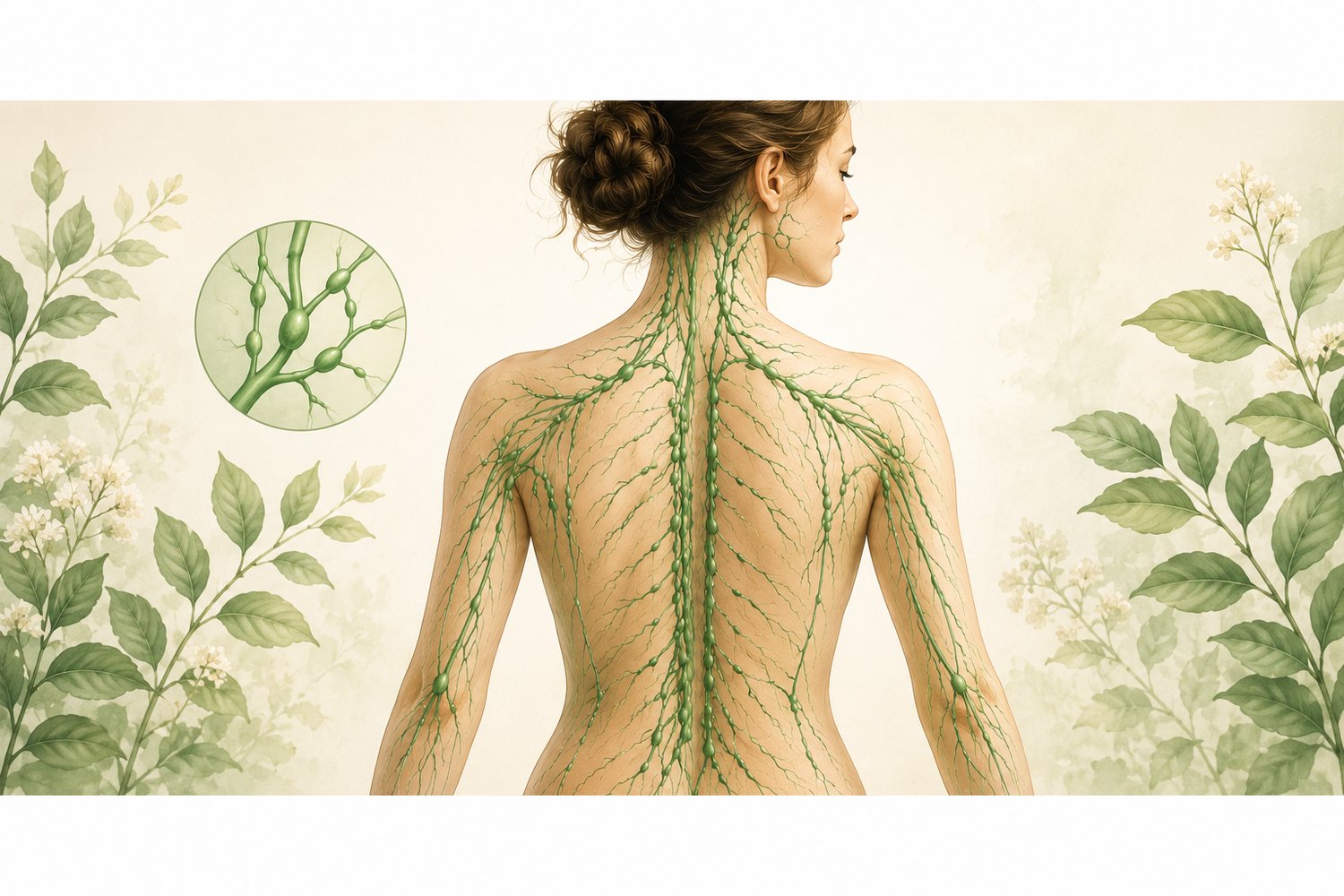 Botanical illustration of a woman’s back showing the lymphatic system, including lymph vessels and lymph nodes.