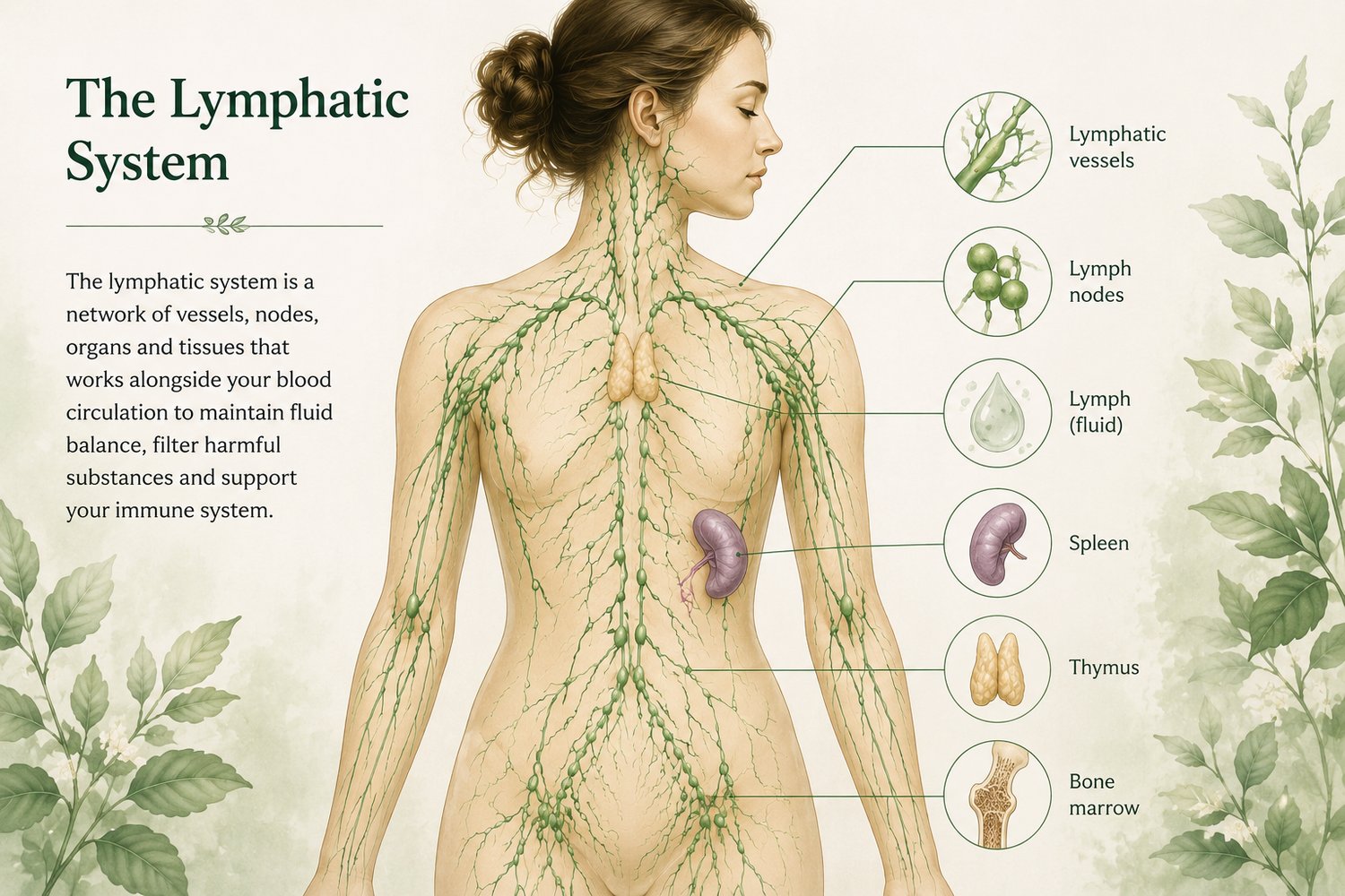 Educational illustration of the human lymphatic system showing lymphatic vessels, lymph nodes, lymph fluid, spleen, thymus and bone marrow.