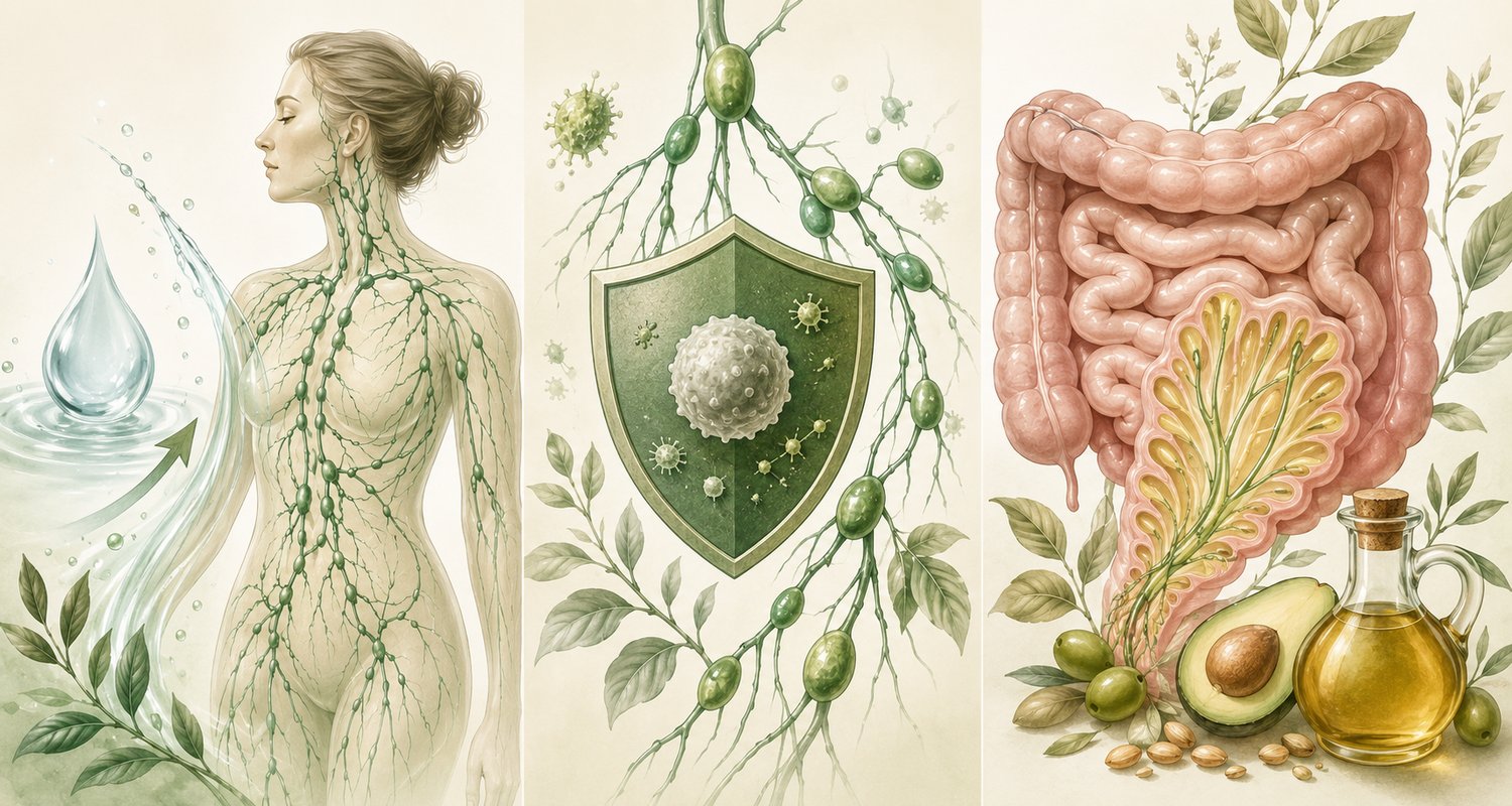 Illustration showing the three main functions of the lymphatic system: maintaining fluid balance, supporting immune function and absorbing certain dietary fats.