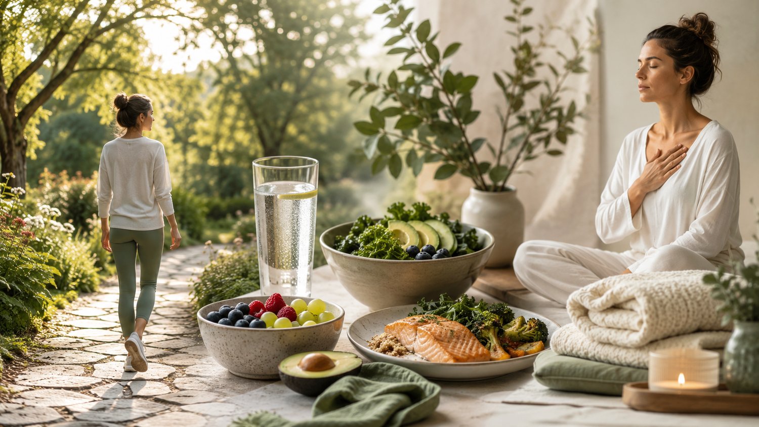 Lifestyle wellness image showing walking, hydration, balanced nutrition, relaxed breathing and rest as part of an everyday wellbeing routine.