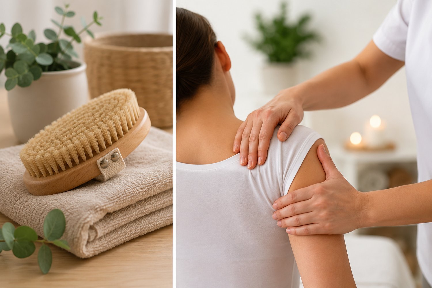 Wellness image showing a dry body brush and a professional gentle shoulder massage representing dry brushing and lymphatic drainage massage.