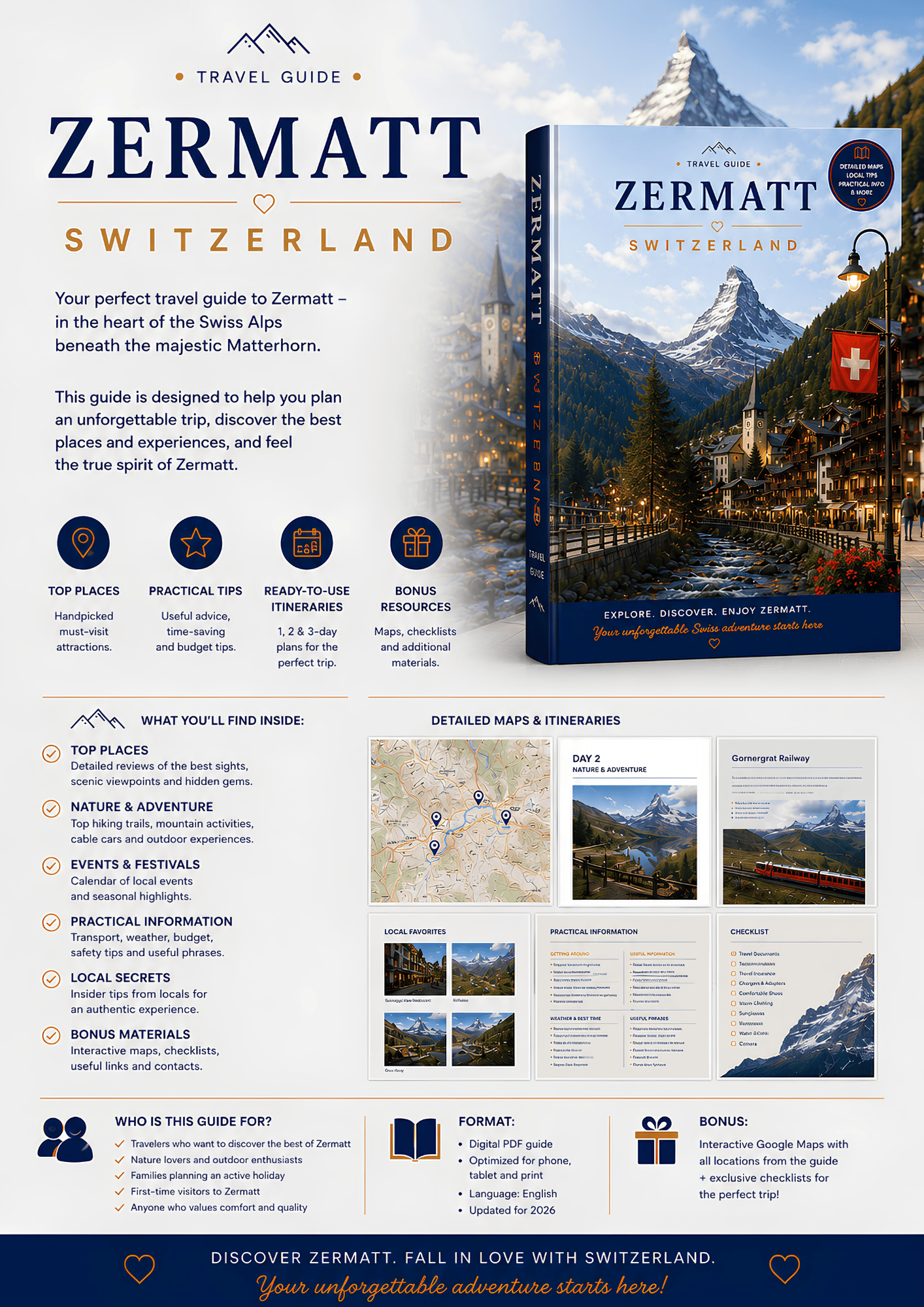 Zermatt travel guide displayed on laptop, tablet, smartphone and PDF book