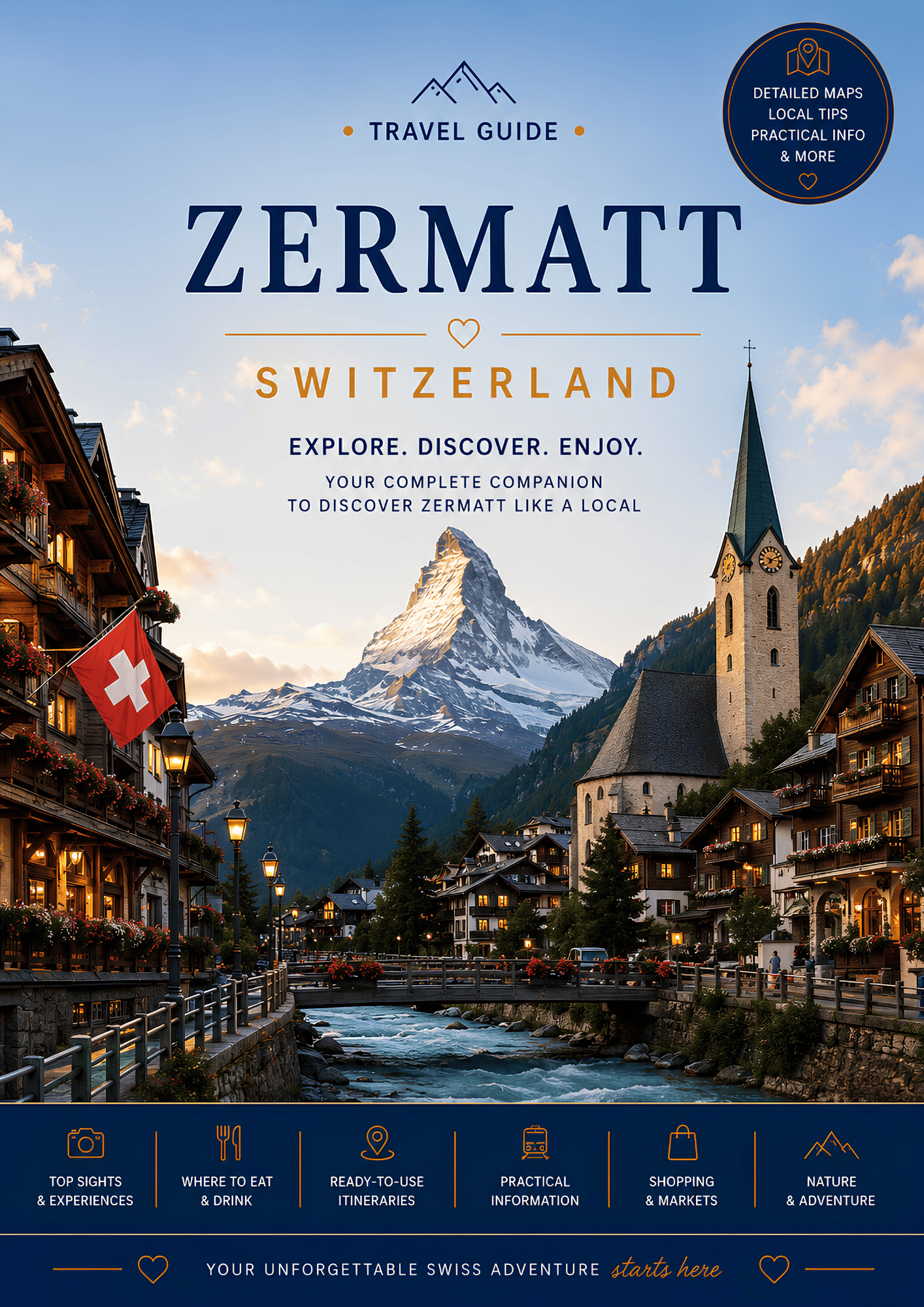 PDF travel guide cover for Zermatt, Switzerland featuring the Matterhorn, alpine panoramas and the city’s top attractions