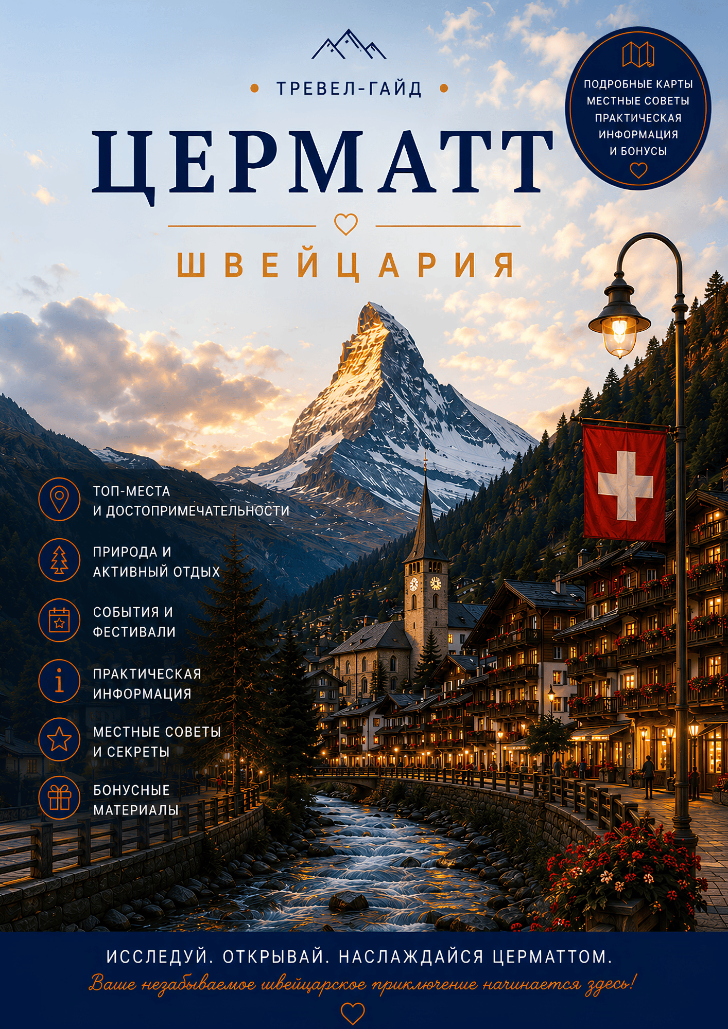 Обложка PDF-путеводителя по Церматту с Маттерхорном, горными панорамами и главными достопримечательностями