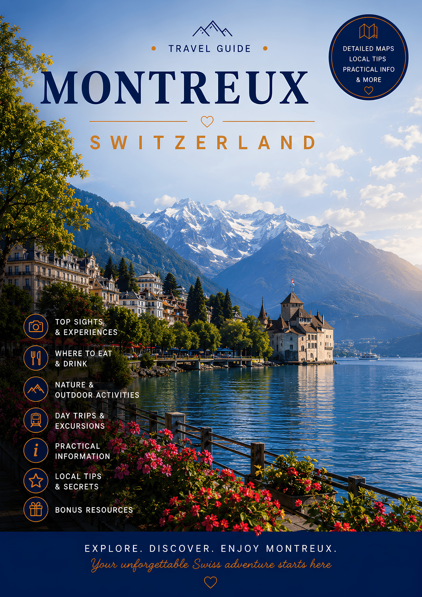 PDF travel guide cover for Montreux, Switzerland featuring Lake Geneva, Chillon Castle and the city’s top attractions