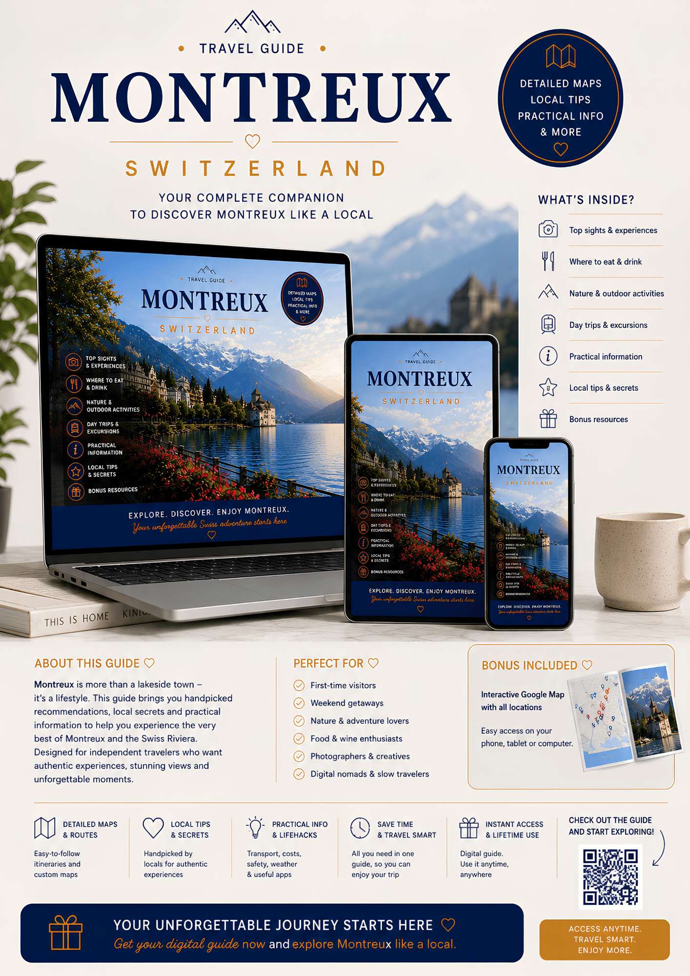 Montreux travel guide displayed on laptop, tablet, smartphone and PDF book