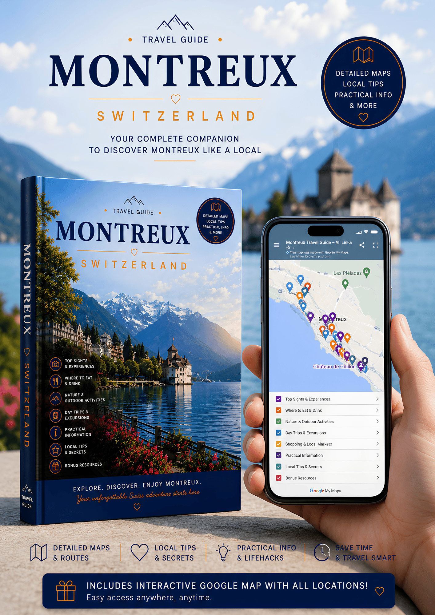 Interactive Montreux travel guide with Google Maps on a smartphone