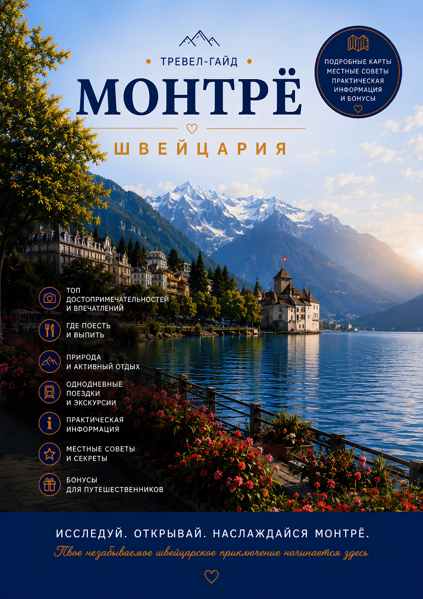 Обложка PDF-путеводителя по Монтрё с Женевским озером, Шильонским замком и главными достопримечательностями
