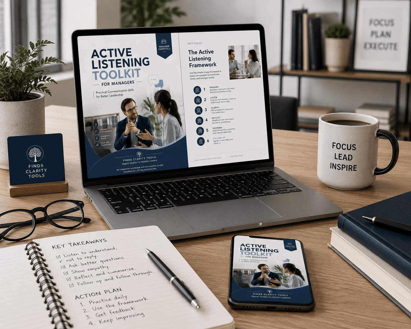 Improve your leadership communication with the Active Listening Toolkit for Managers. Practical worksheets, templates, checklists, and communication strategies to build trust, strengthen teams, and lead more effective conversations.
