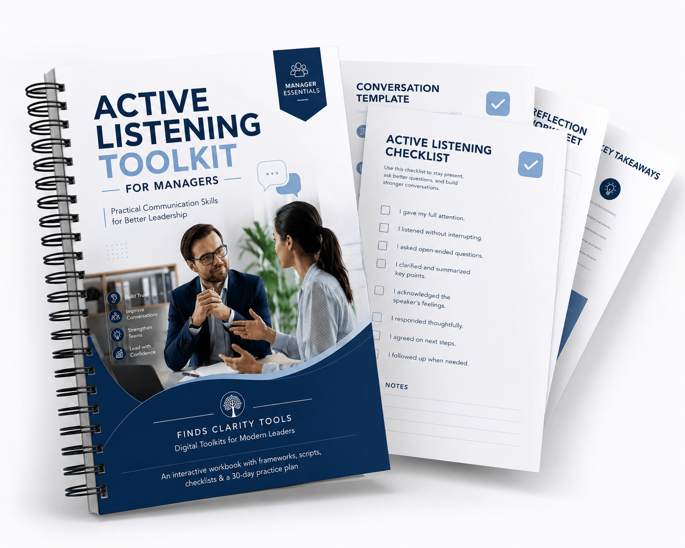 Improve your leadership communication with the Active Listening Toolkit for Managers. Practical worksheets, templates, checklists, and communication strategies to build trust, strengthen teams, and lead more effective conversations.
