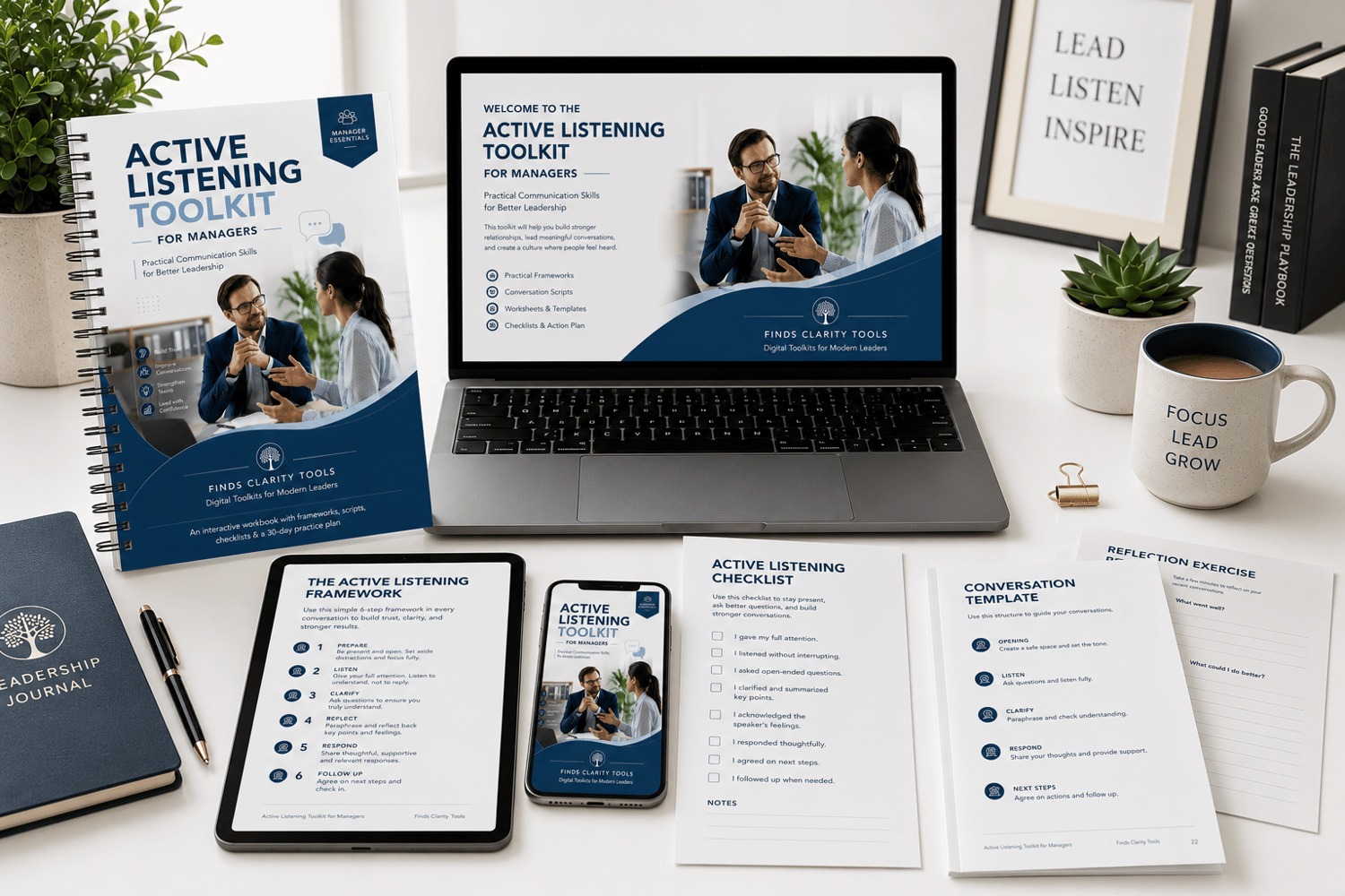 Improve your leadership communication with the Active Listening Toolkit for Managers. Practical worksheets, templates, checklists, and communication strategies to build trust, strengthen teams, and lead more effective conversations.