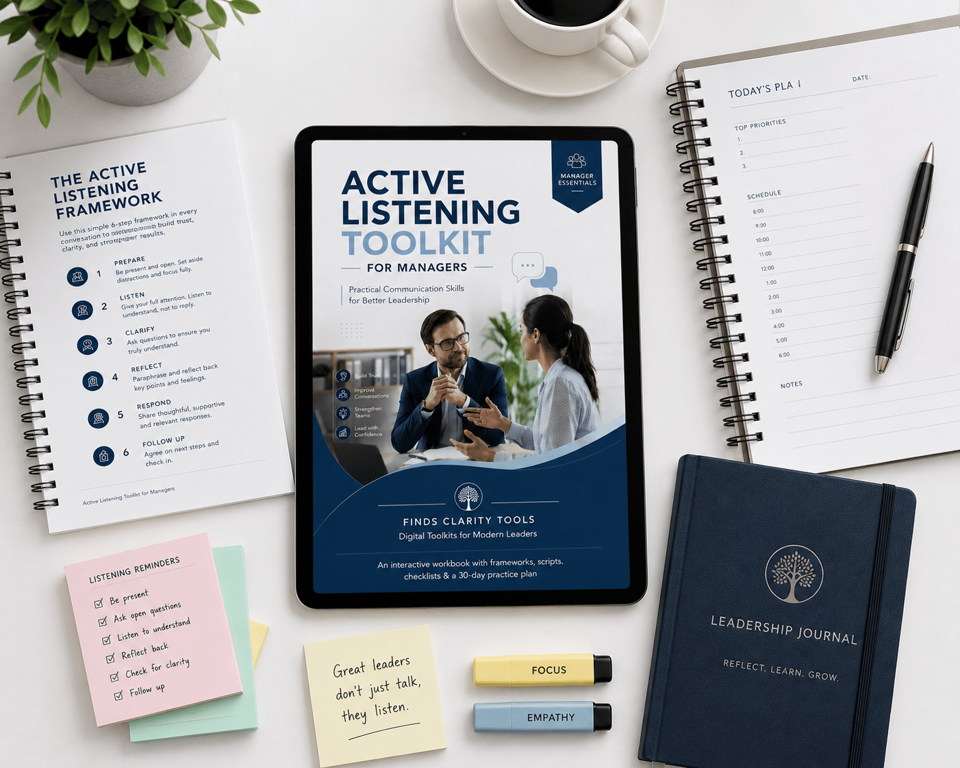 Improve your leadership communication with the Active Listening Toolkit for Managers. Practical worksheets, templates, checklists, and communication strategies to build trust, strengthen teams, and lead more effective conversations.