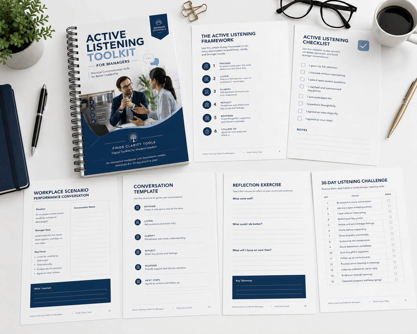 Improve your leadership communication with the Active Listening Toolkit for Managers. Practical worksheets, templates, checklists, and communication strategies to build trust, strengthen teams, and lead more effective conversations.